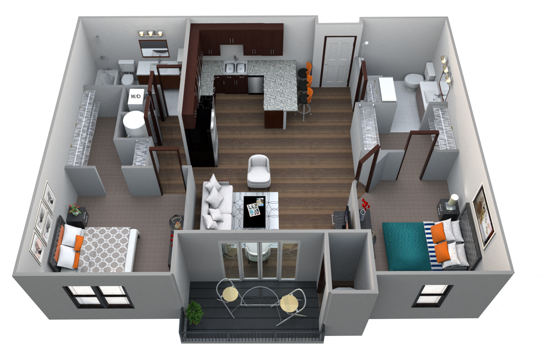 Floor plan for 2 beds, 2 baths, 1136 sqft